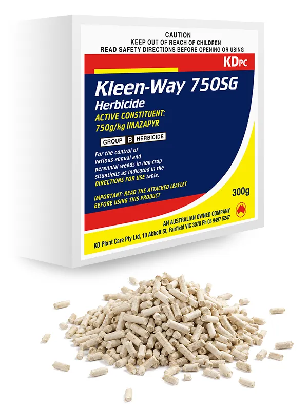 Kleen-Way 750SG herbicide 300g box with a pile of cream imazapyr granules in front