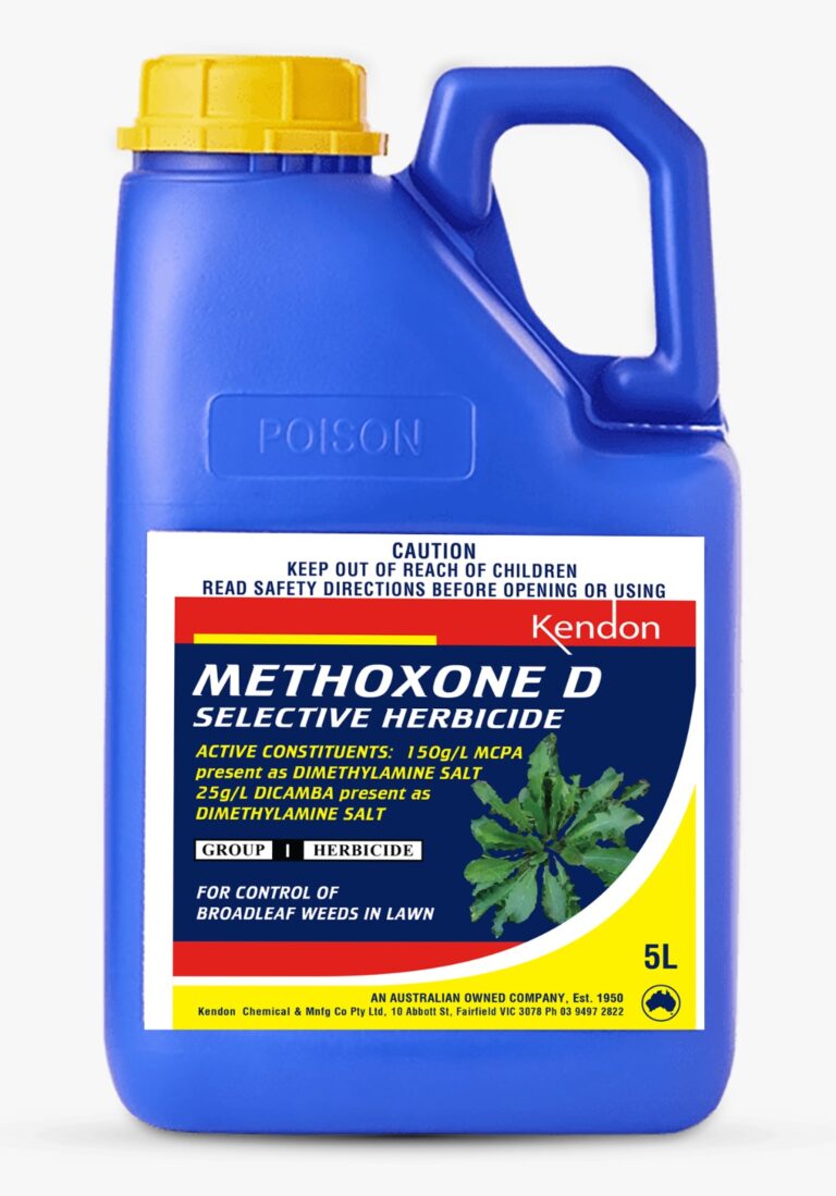 Kendon Methoxone D selective herbicide bottle for controlling bindii, clover, and dandelions in home lawns.