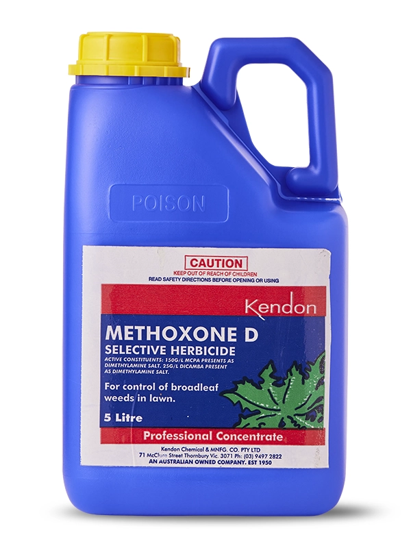 Kendon Methoxone D selective herbicide bottle for controlling bindii, clover, and dandelions in home lawns.