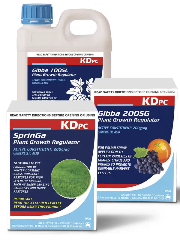 Kendon plant growth regulators range featuring Gibba 100SL, Gibba 200SG, and Springa for crop protection and pasture growth