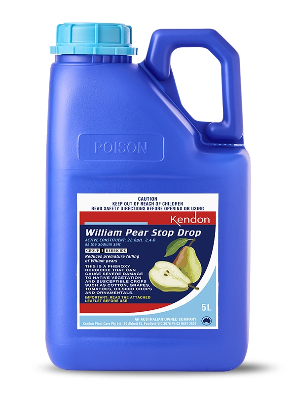 Kendon William Pear Stop Drop bottle containing 2,4-D Sodium Salt to prevent premature fruit drop in pears