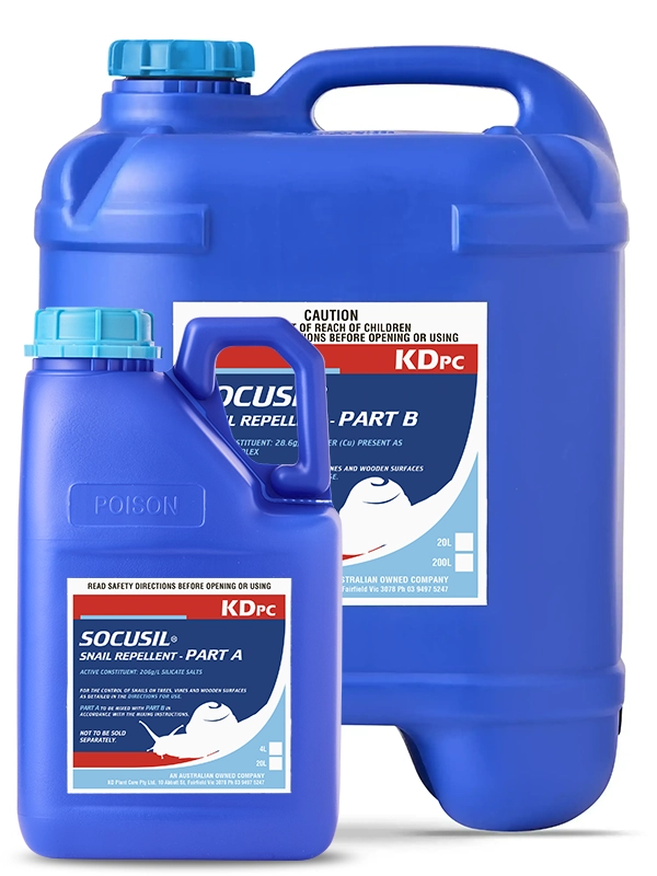 Socusil Snail Repellent molluscicide kit featuring Part A Silicate Salts and Part B Copper Complex containers.