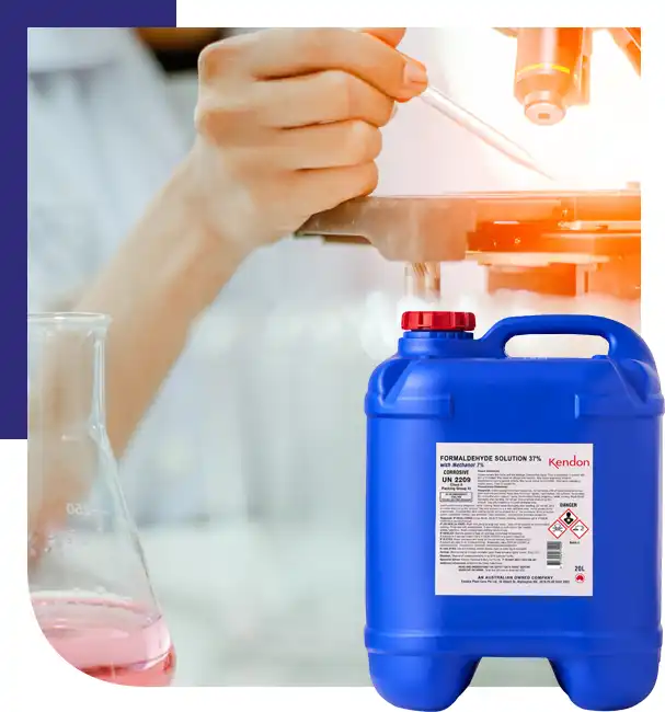 Bulk industrial package of Formaldehyde Solution 37% (with 7% menthol) against a background of a chemist at a microscope