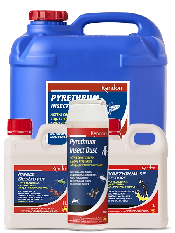 Kendon Pyrethrum insecticide range including SF liquid concentrate and ready-to-use insect dust for natural pest control.