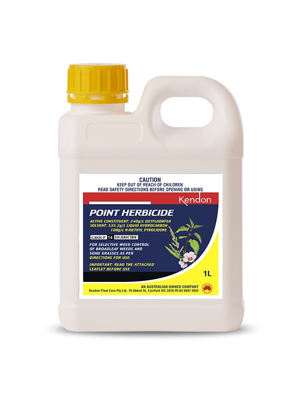 1L container of Kendon Point Herbicide for controlling broadleaf weeds in turf and pastures.