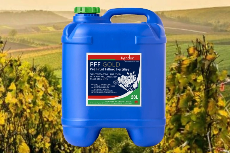 Kendon PFF Gold 20L drum overlaid on a healthy post-harvest vineyard to show nutrient recovery application.