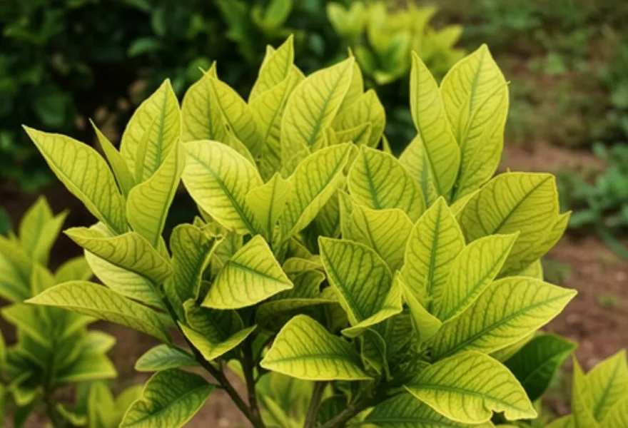 Yellow plant leaves with green veins showing iron deficiency symptoms before applying Kendon Iron Chelate.
