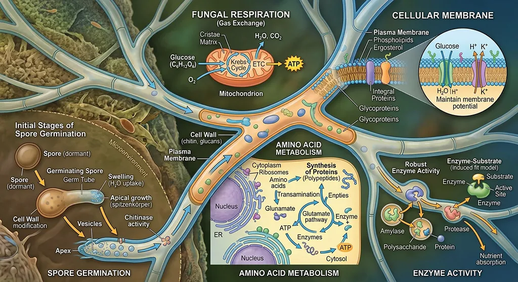 Scientific diagram showing the multi-site mode of action of lime sulphur fungicide on fungal cells and spore germination.